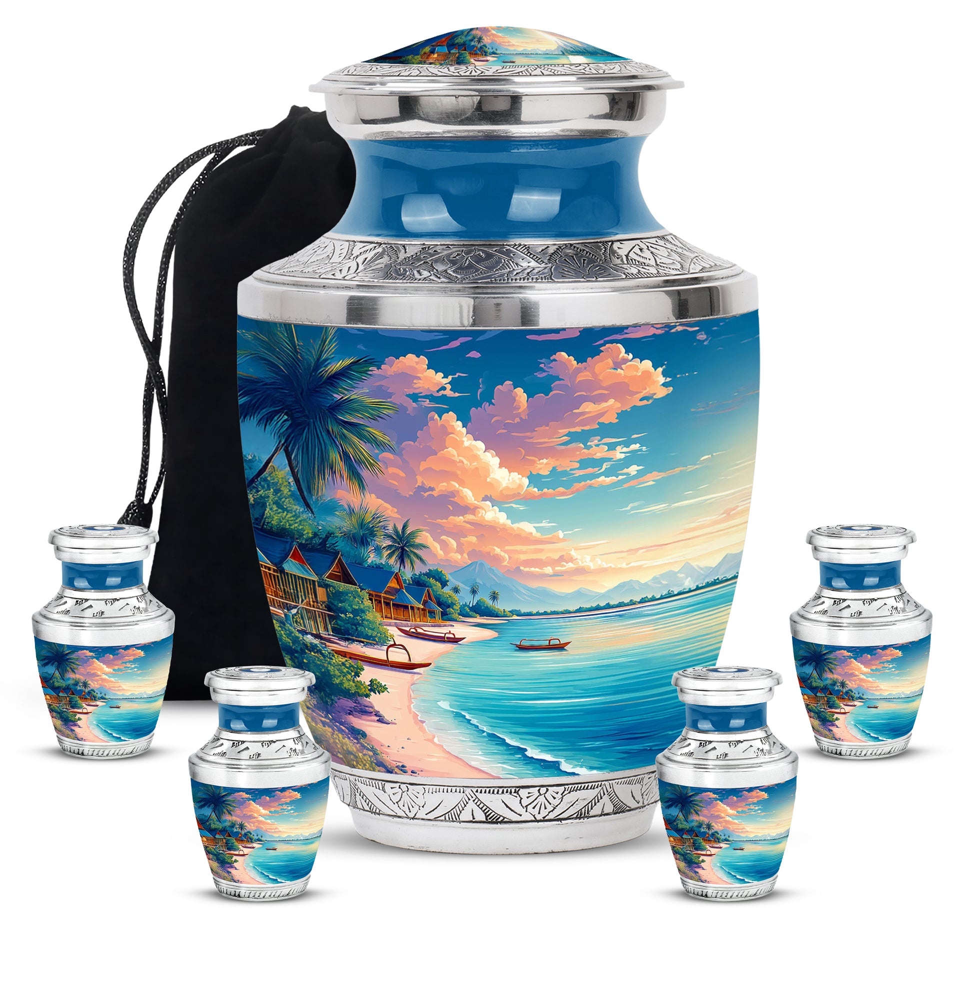 Bright Blue Beach Cremation Urn lifestyle display on memorial shelf - artistic beach interpretation with creative detail - memorial set with one large and four small urns