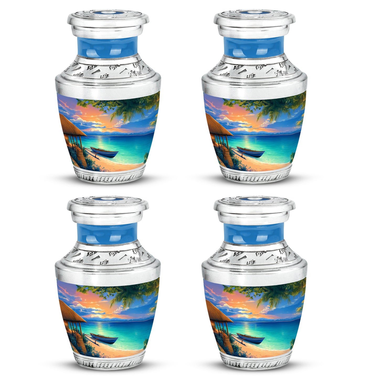 Serene Blue Beach Cremation Urn back view with polished surface - artistic beach interpretation with creative detail - 10 inch aluminum urn for cremated remains