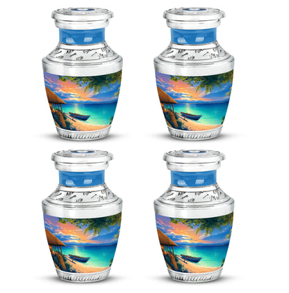 Serene Blue Beach Cremation Urn back view with polished surface - artistic beach interpretation with creative detail - 10 inch aluminum urn for cremated remains