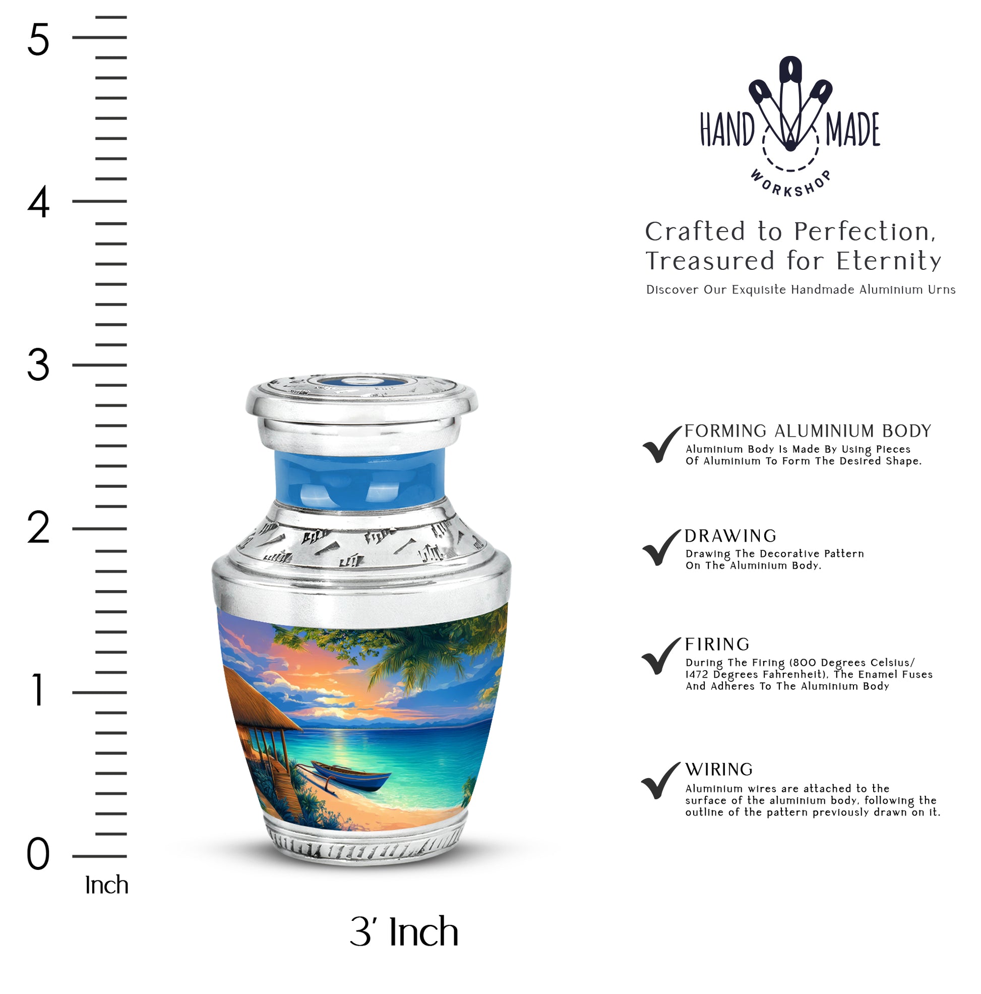 Pastel Blue Beach Cremation Urn top-down view of secure threaded lid - modern art-inspired beach motif on sleek aluminum - mini keepsake memorial for portion of cremation ashes