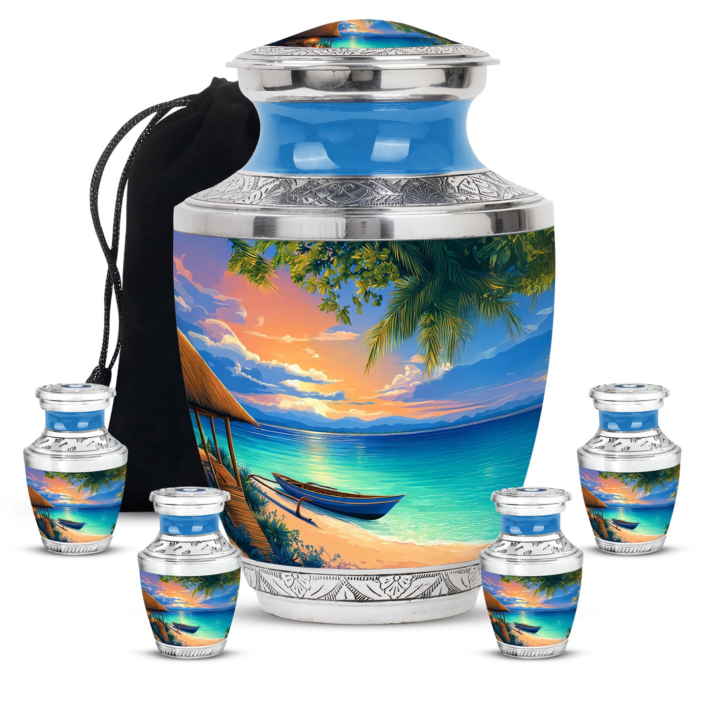 Cobalt Blue Beach Cremation Urn lifestyle display on memorial shelf - stylized abstract beach pattern with bold lines - memorial set with one large and four small urns