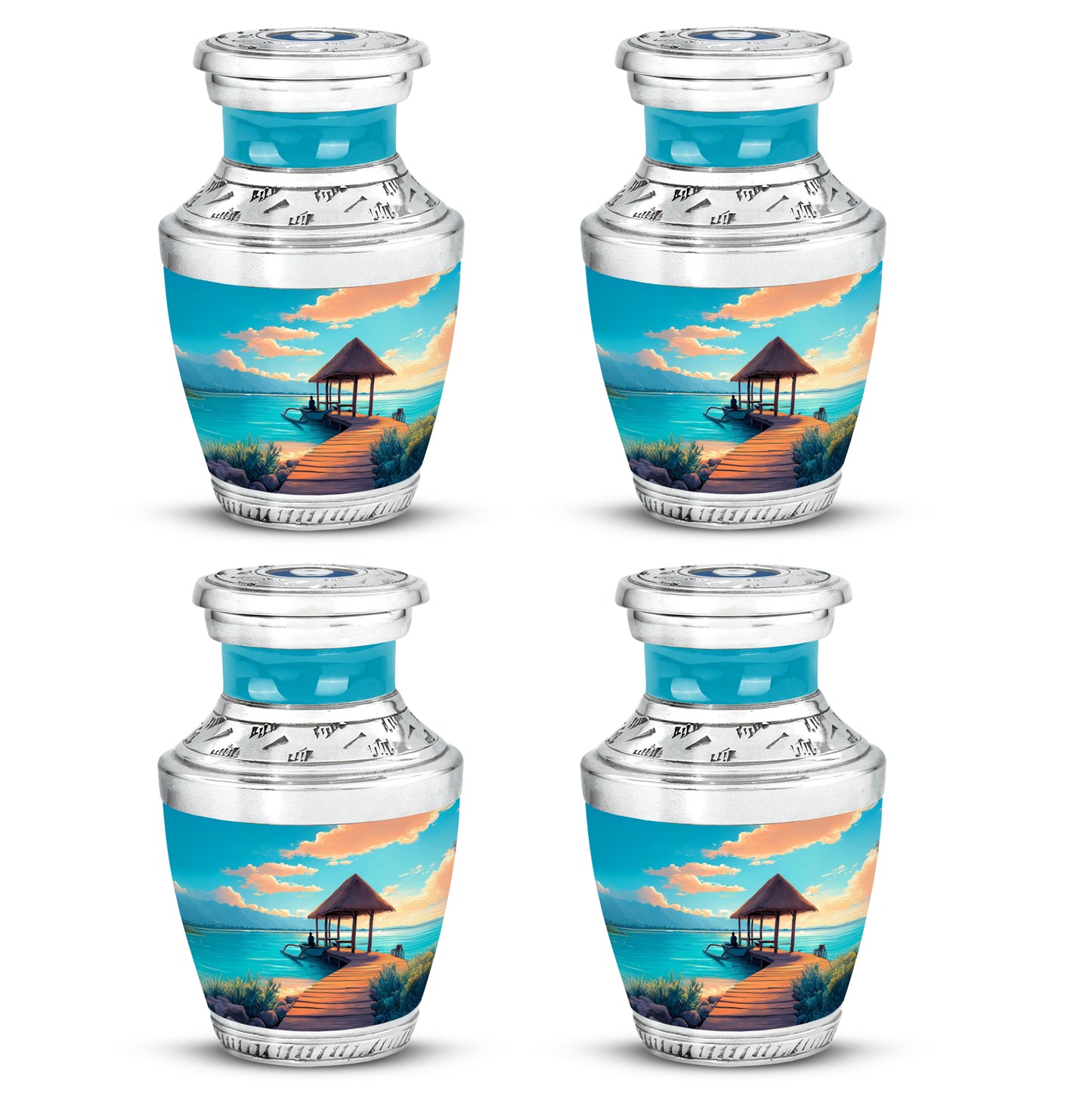 Aqua Teal Beach Cremation Urn back view with polished surface - artistic beach interpretation with creative detail - 10 inch aluminum urn for cremated remains