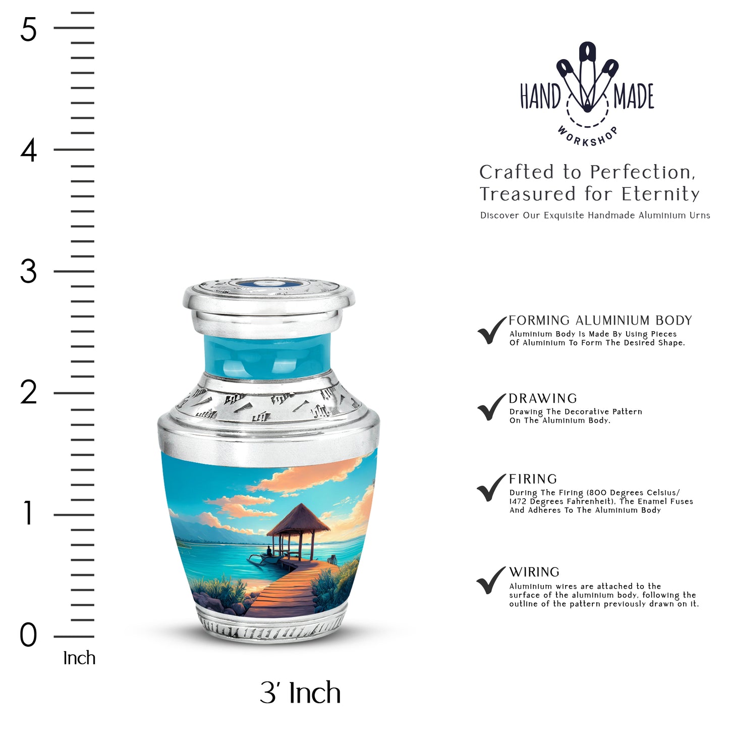 Aqua Teal Beach Cremation Urn top-down view of secure threaded lid - stylized abstract beach pattern with bold lines - mini keepsake memorial for portion of cremation ashes
