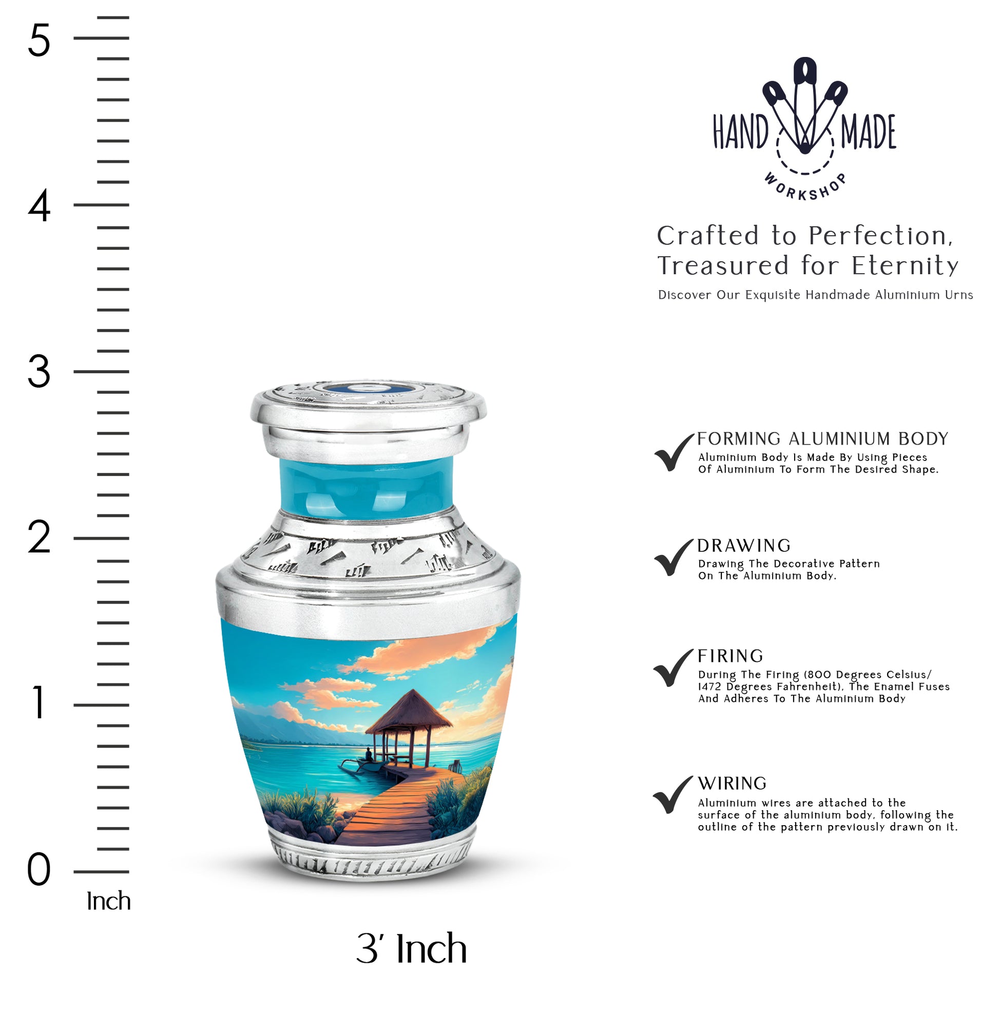 Aqua Teal Beach Cremation Urn top-down view of secure threaded lid - stylized abstract beach pattern with bold lines - mini keepsake memorial for portion of cremation ashes