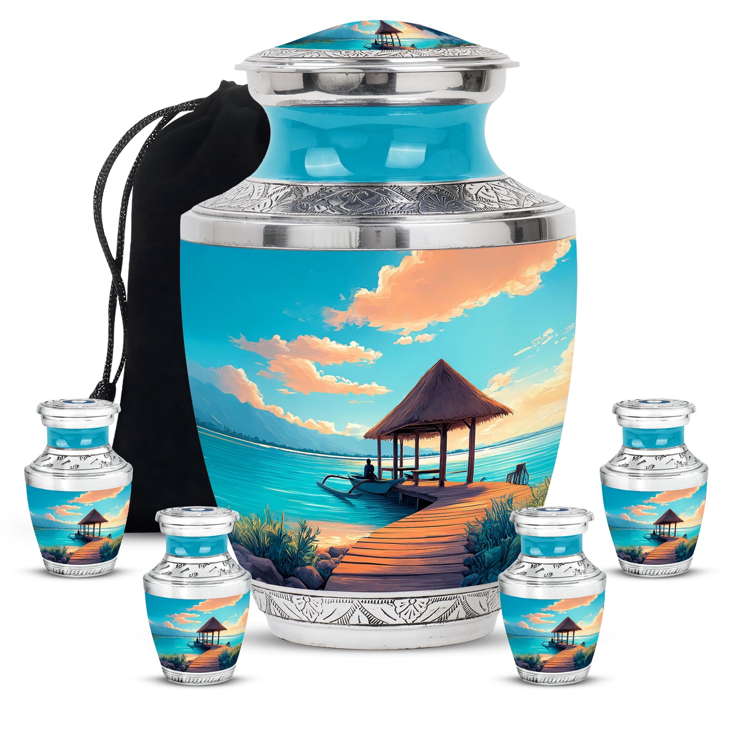 Cool Teal Beach Cremation Urn lifestyle display on memorial shelf - modern art-inspired beach motif on sleek aluminum - memorial set with one large and four small urns