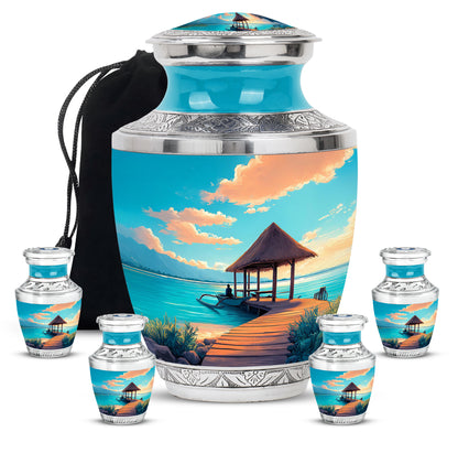 Cool Teal Beach Cremation Urn lifestyle display on memorial shelf - modern art-inspired beach motif on sleek aluminum - memorial set with one large and four small urns