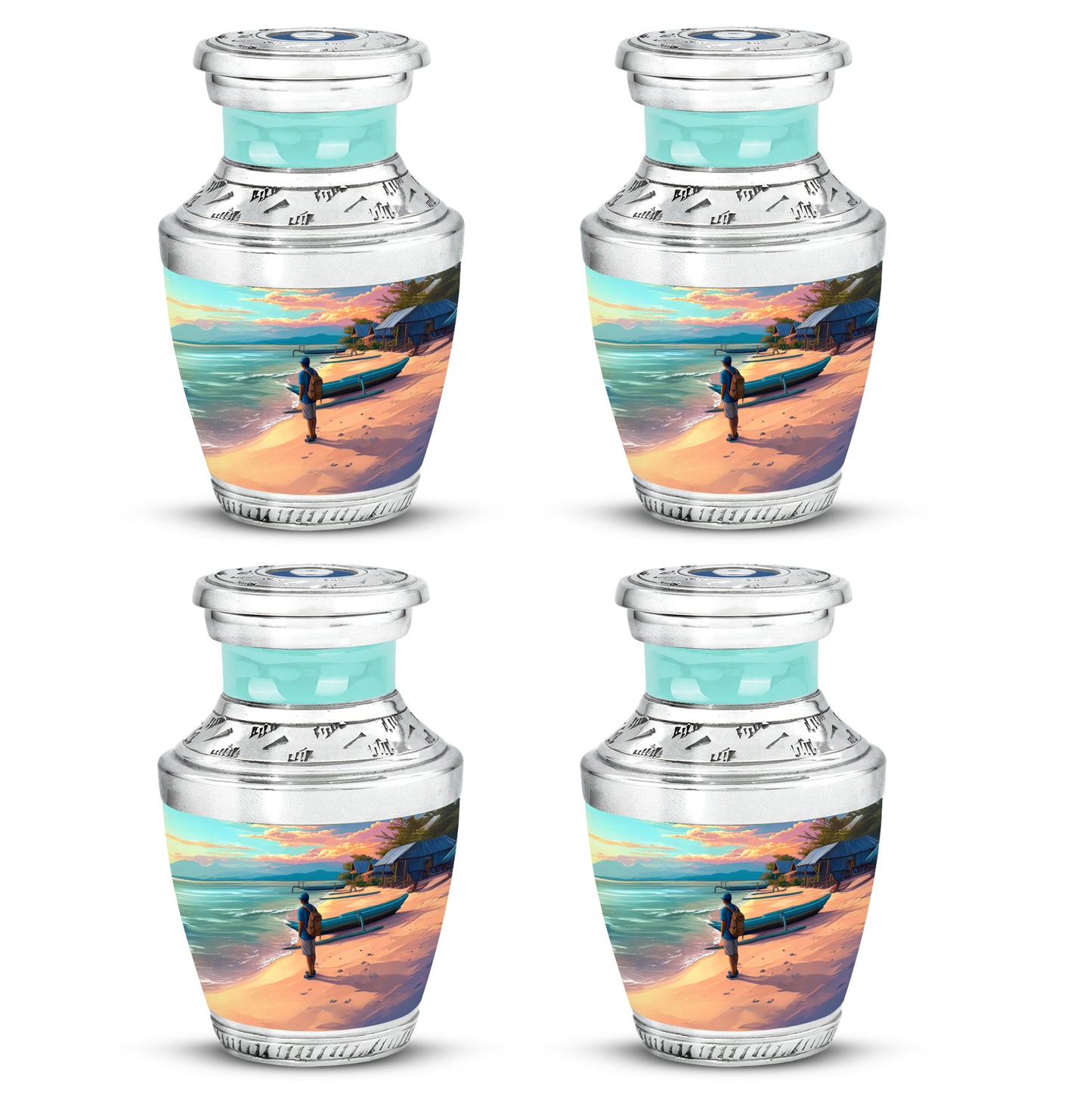 Jewel Teal Beach Cremation Urn back view with polished surface - modern art-inspired beach motif on sleek aluminum - 10 inch aluminum urn for cremated remains