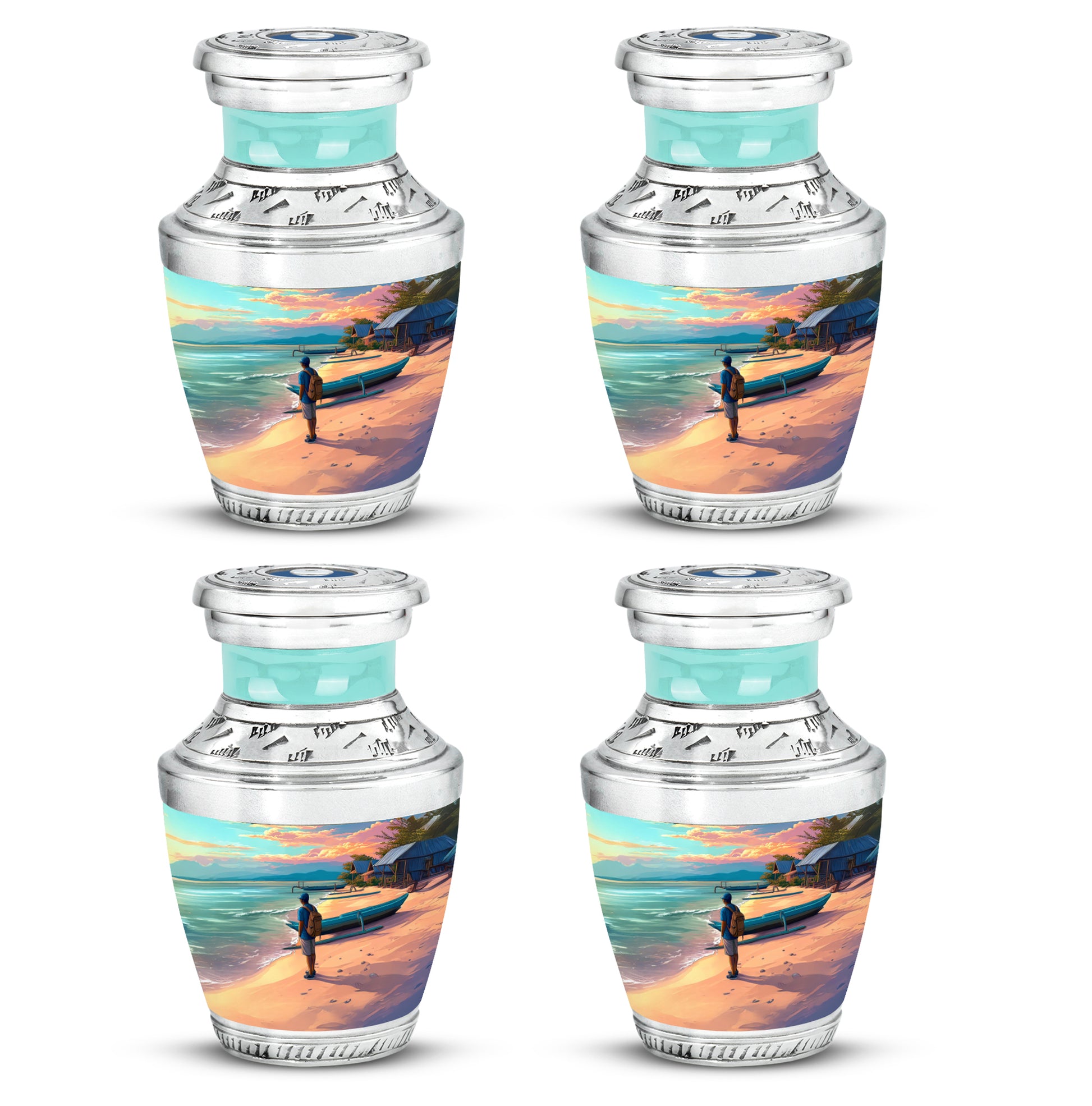 Jewel Teal Beach Cremation Urn back view with polished surface - modern art-inspired beach motif on sleek aluminum - 10 inch aluminum urn for cremated remains