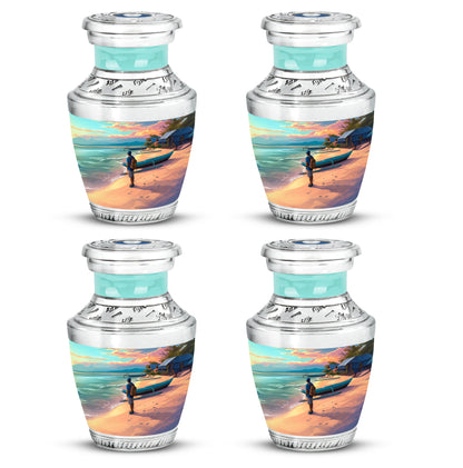 Jewel Teal Beach Cremation Urn back view with polished surface - modern art-inspired beach motif on sleek aluminum - 10 inch aluminum urn for cremated remains