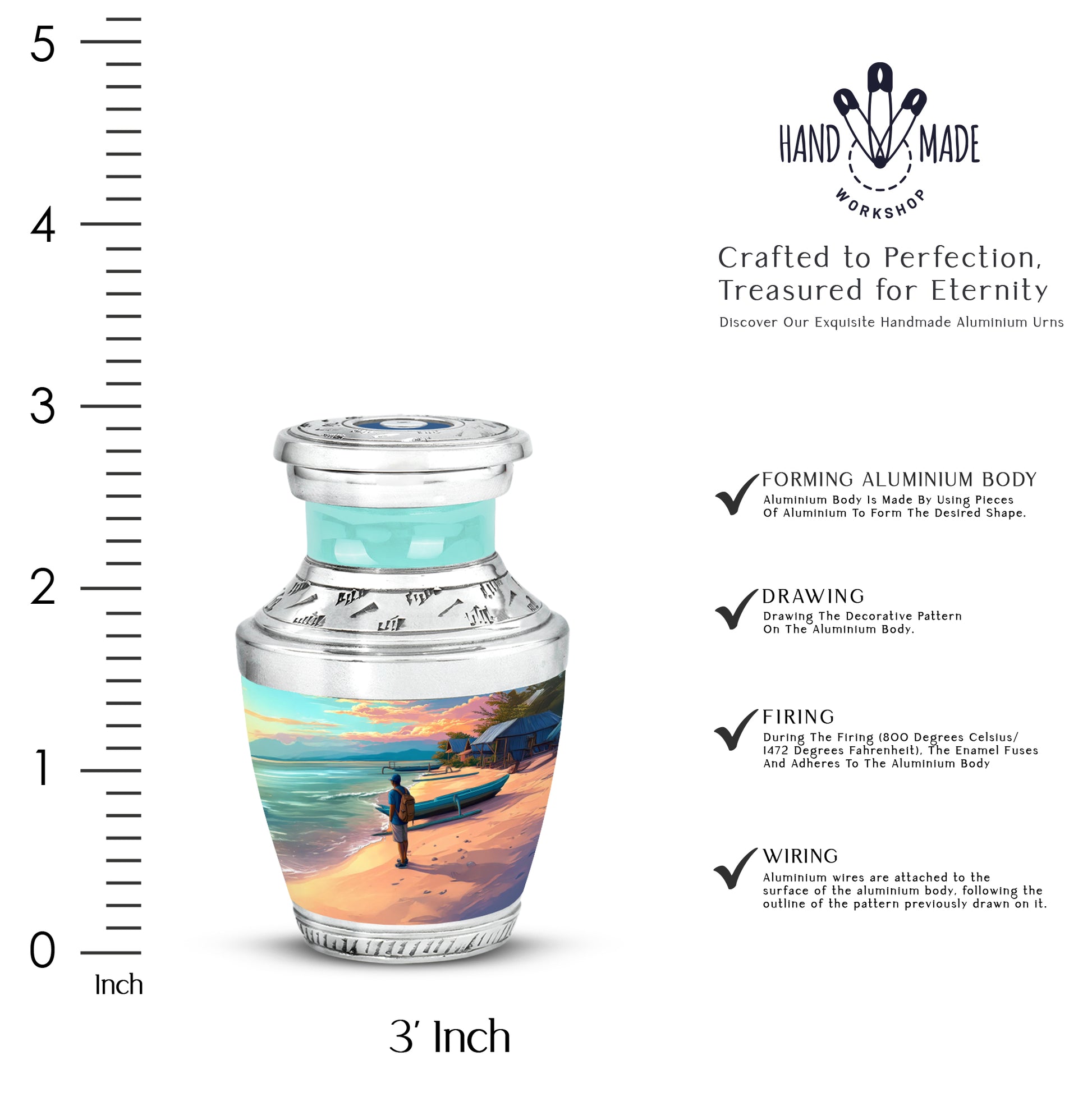 Mystic Teal Beach Cremation Urn top-down view of secure threaded lid - stylized abstract beach pattern with bold lines - mini keepsake memorial for portion of cremation ashes