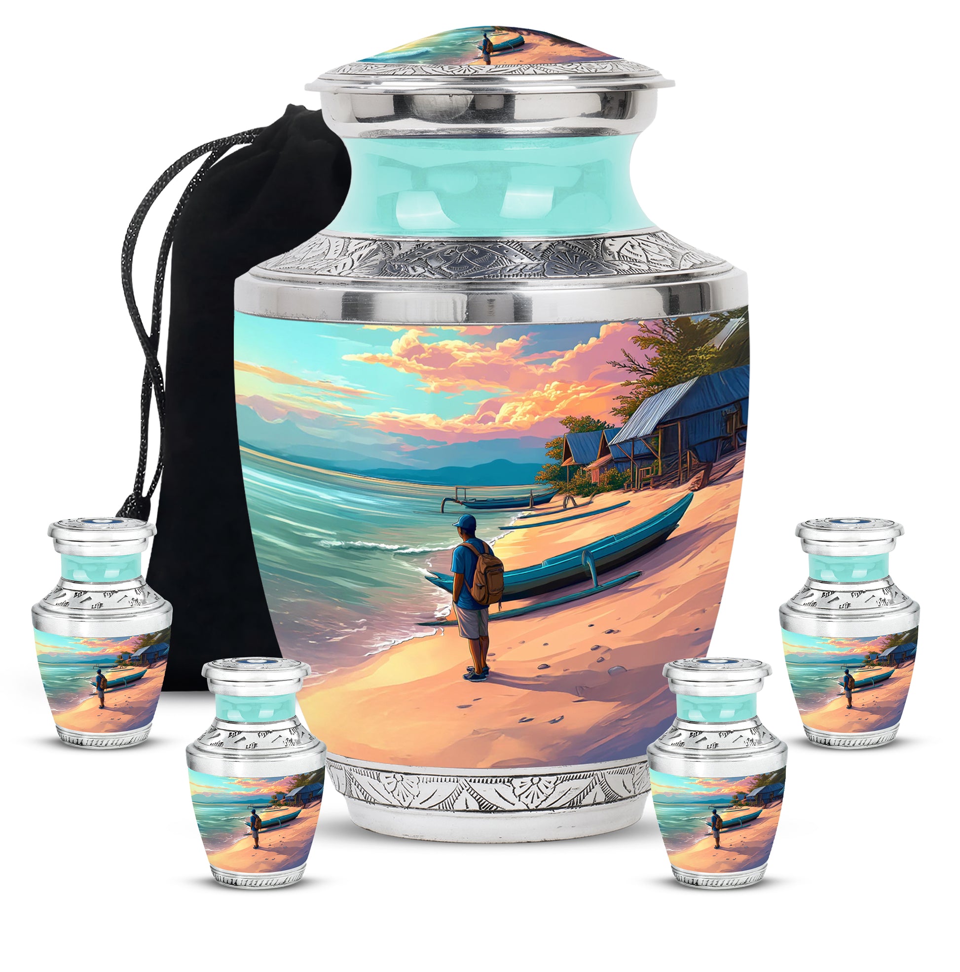 Jewel Teal Beach Cremation Urn lifestyle display on memorial shelf - contemporary beach design with modern artistic flair - memorial set with one large and four small urns