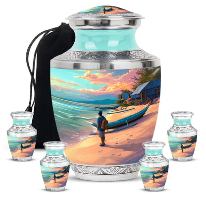 Jewel Teal Beach Cremation Urn lifestyle display on memorial shelf - contemporary beach design with modern artistic flair - memorial set with one large and four small urns