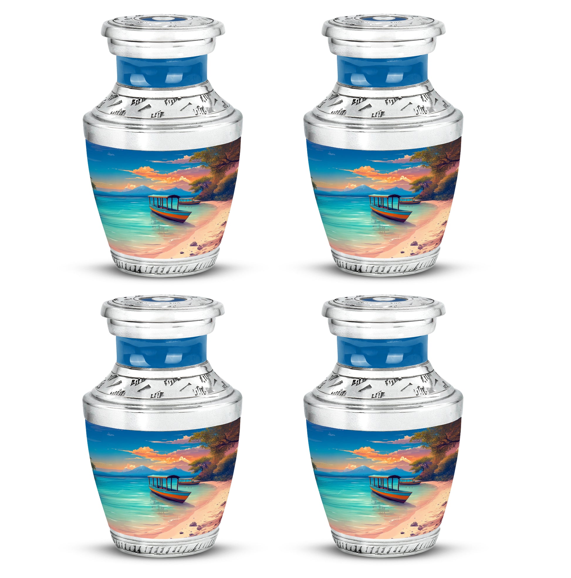 Cobalt Blue Beach Cremation Urn back view with polished surface - artistic beach interpretation with creative detail - 10 inch aluminum urn for cremated remains