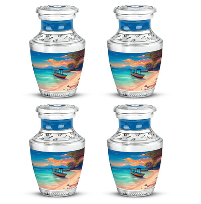 Cobalt Blue Beach Cremation Urn back view with polished surface - artistic beach interpretation with creative detail - 10 inch aluminum urn for cremated remains