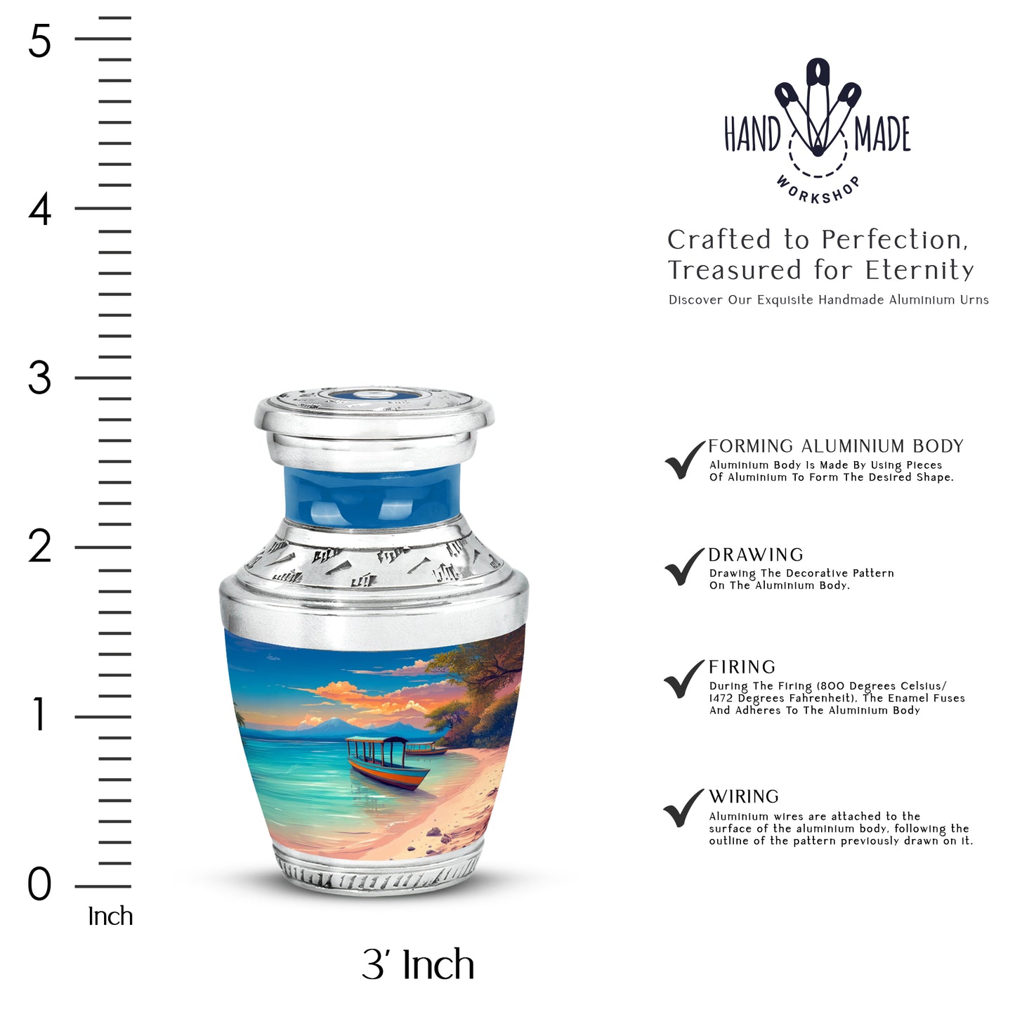 Pastel Blue Beach Cremation Urn top-down view of secure threaded lid - modern art-inspired beach motif on sleek aluminum - mini keepsake memorial for portion of cremation ashes
