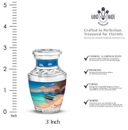Pastel Blue Beach Cremation Urn top-down view of secure threaded lid - modern art-inspired beach motif on sleek aluminum - mini keepsake memorial for portion of cremation ashes