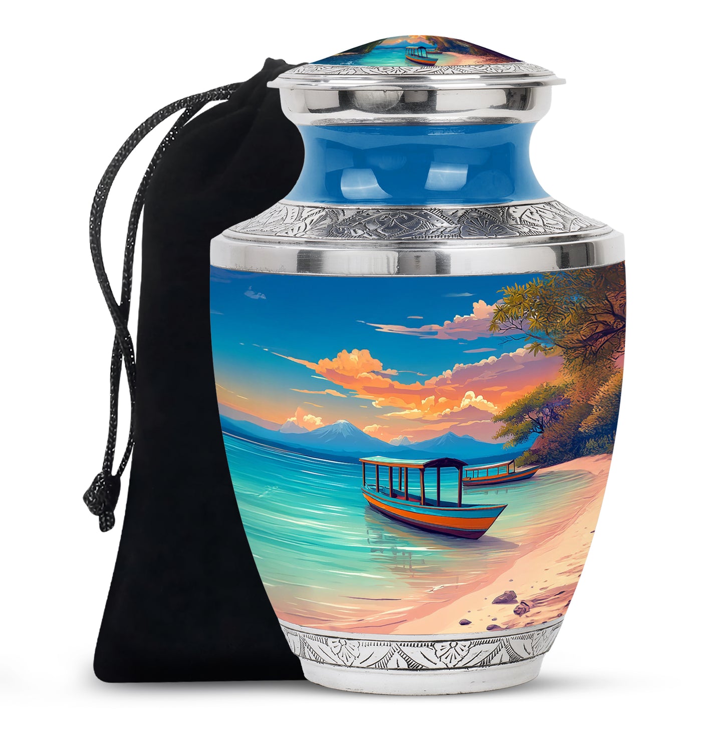 Calming Blue Beach Cremation Urn side profile showing urn shape - artistic beach interpretation with creative detail - full-size 10 inch 200 cubic inch adult cremation urn