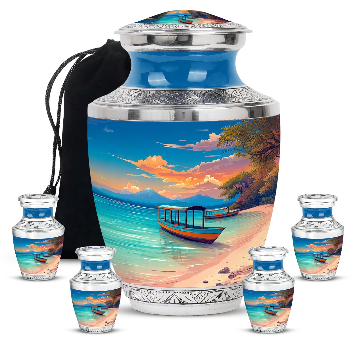 Sky Blue Beach Cremation Urn lifestyle display on memorial shelf - contemporary beach design with modern artistic flair - memorial set with one large and four small urns