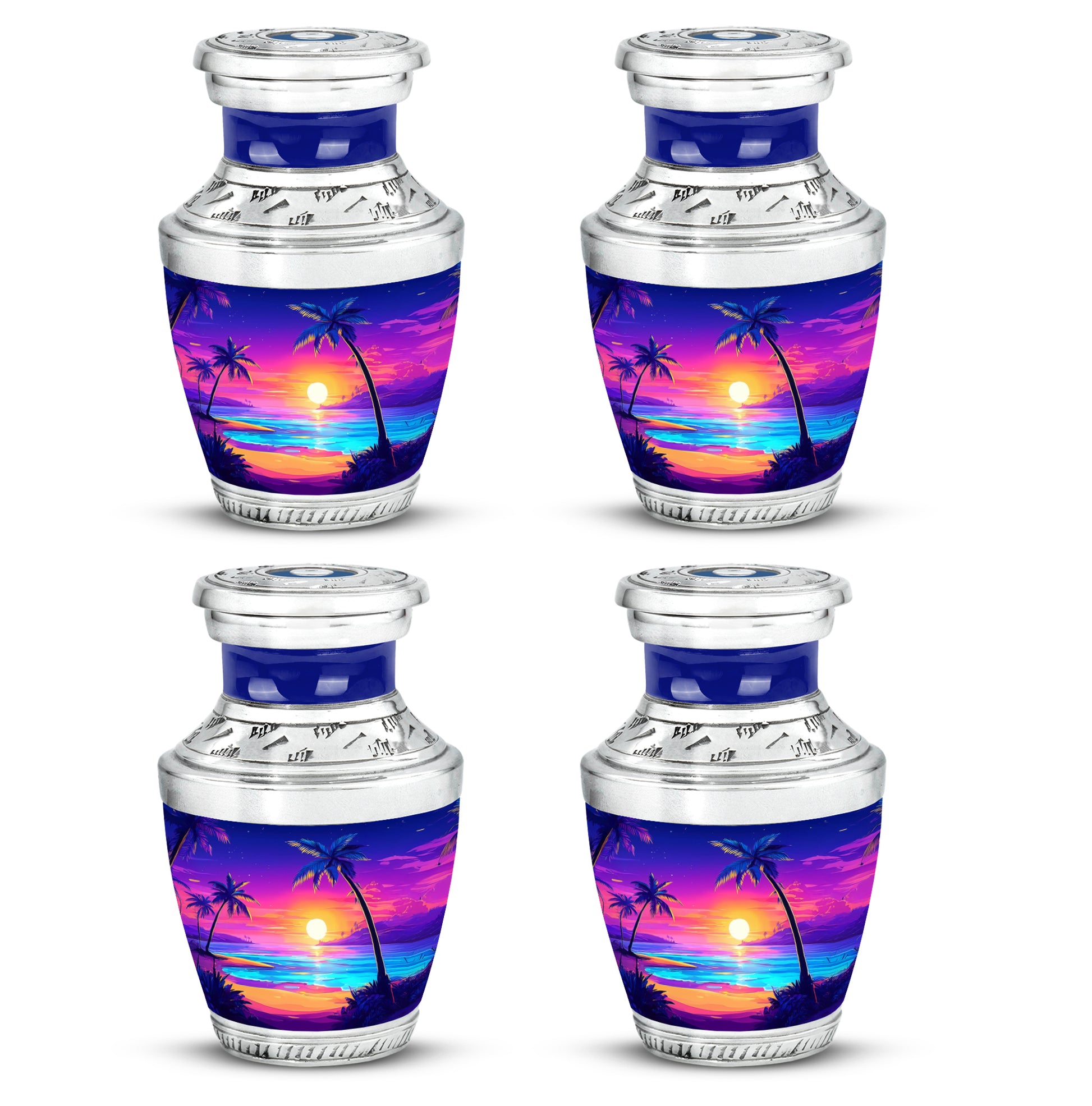Cobalt Blue Beach Cremation Urn back view with polished surface - stylized abstract beach pattern with bold lines - 10 inch aluminum urn for cremated remains
