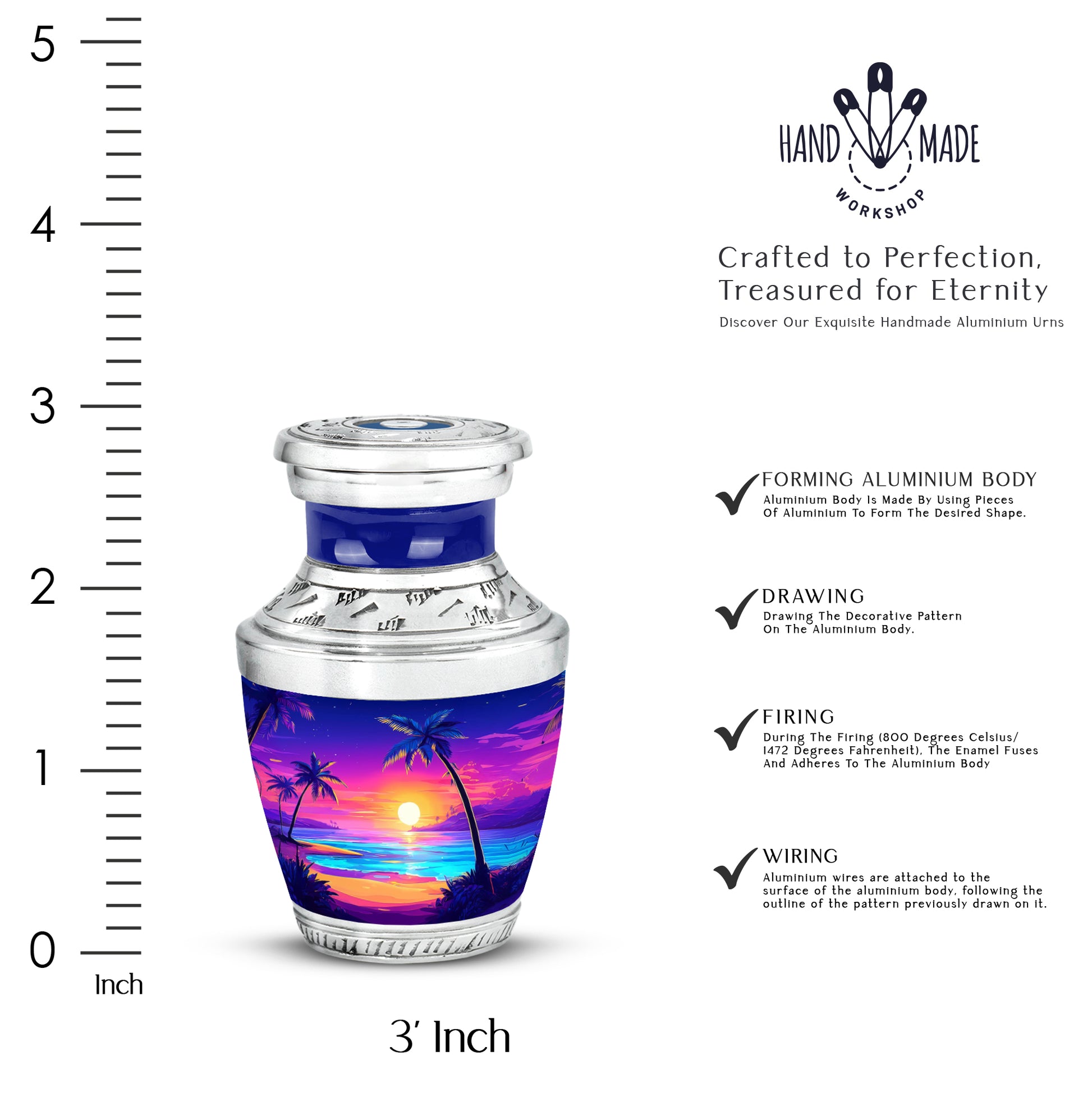 Sky Blue Beach Cremation Urn top-down view of secure threaded lid - modern art-inspired beach motif on sleek aluminum - mini keepsake memorial for portion of cremation ashes