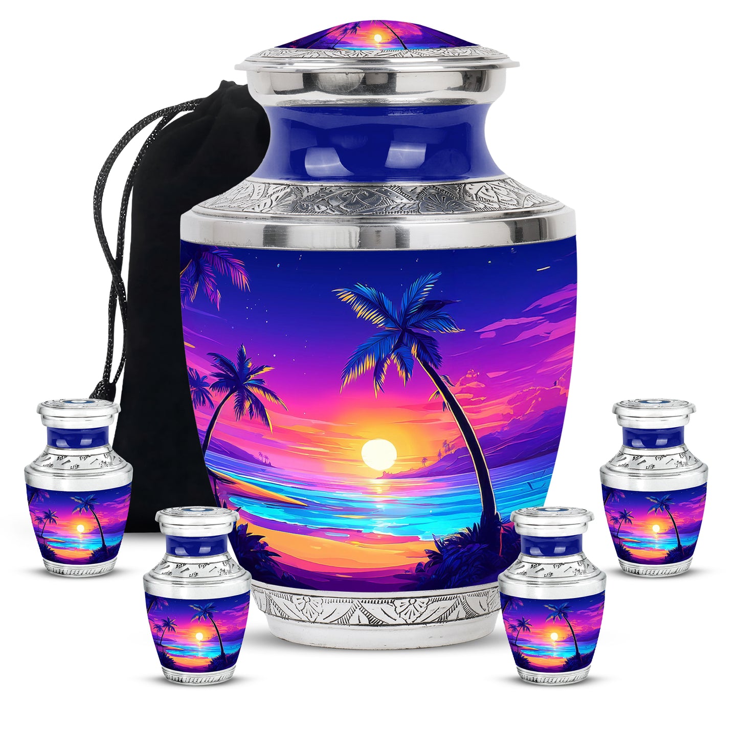 Celestial Blue Beach Cremation Urn lifestyle display on memorial shelf - modern art-inspired beach motif on sleek aluminum - memorial set with one large and four small urns