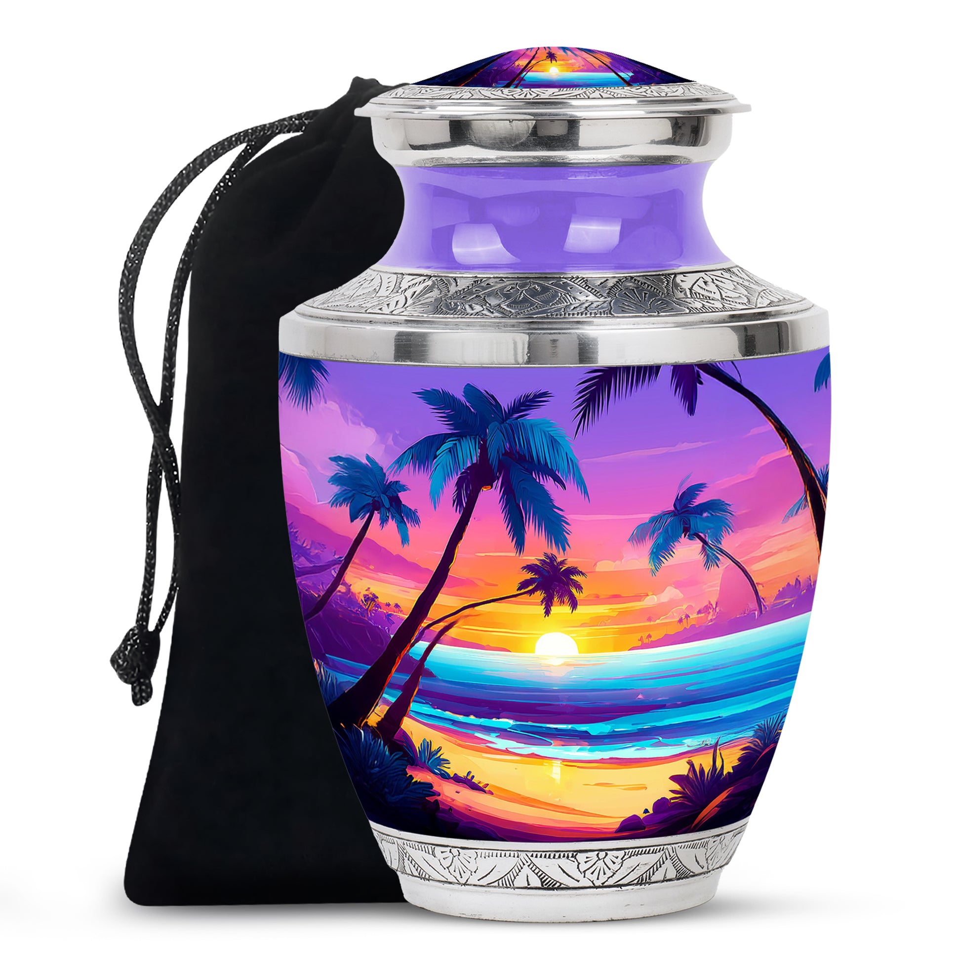 Lavender Purple Beach Cremation Urn side profile showing urn shape - stylized abstract beach pattern with bold lines - full-size 10 inch 200 cubic inch adult cremation urn