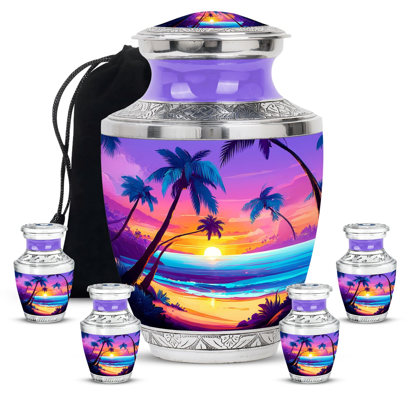 Violet Purple Beach Cremation Urn lifestyle display on memorial shelf - stylized abstract beach pattern with bold lines - memorial set with one large and four small urns