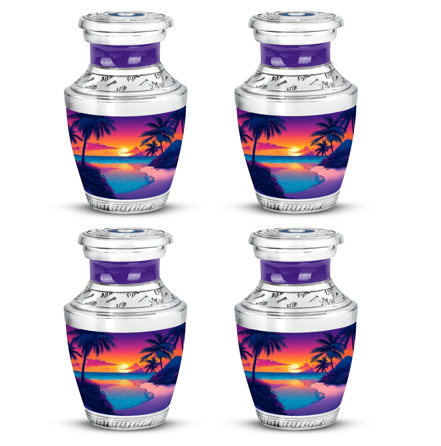 Amethyst Purple Beach Cremation Urn back view with polished surface - modern art-inspired beach motif on sleek aluminum - 10 inch aluminum urn for cremated remains