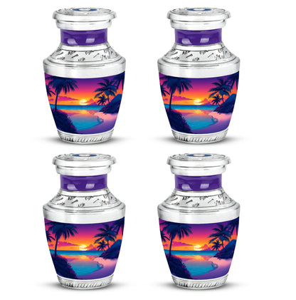 Amethyst Purple Beach Cremation Urn back view with polished surface - modern art-inspired beach motif on sleek aluminum - 10 inch aluminum urn for cremated remains
