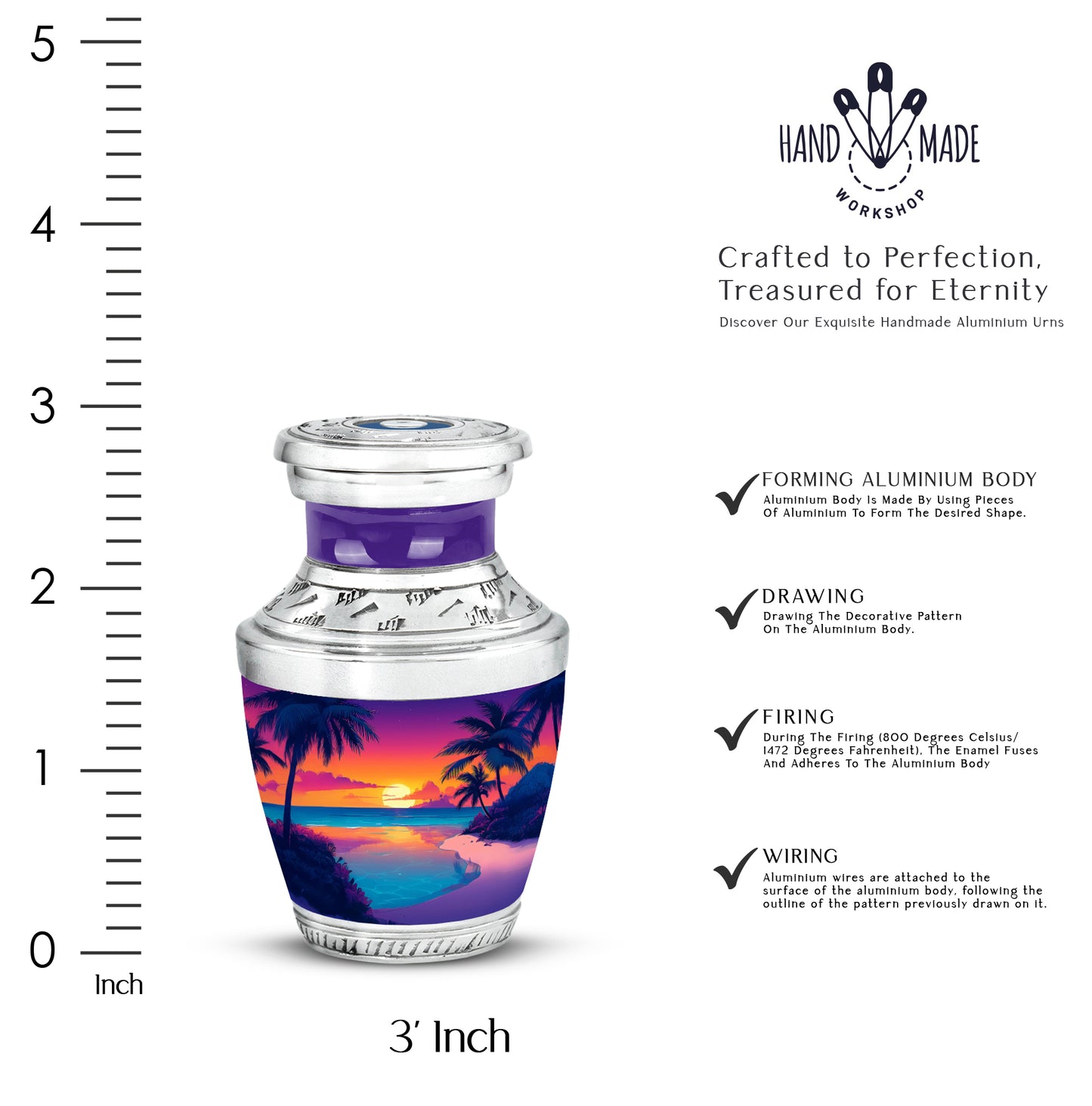 Twilight Purple Beach Cremation Urn top-down view of secure threaded lid - artistic beach interpretation with creative detail - mini keepsake memorial for portion of cremation ashes