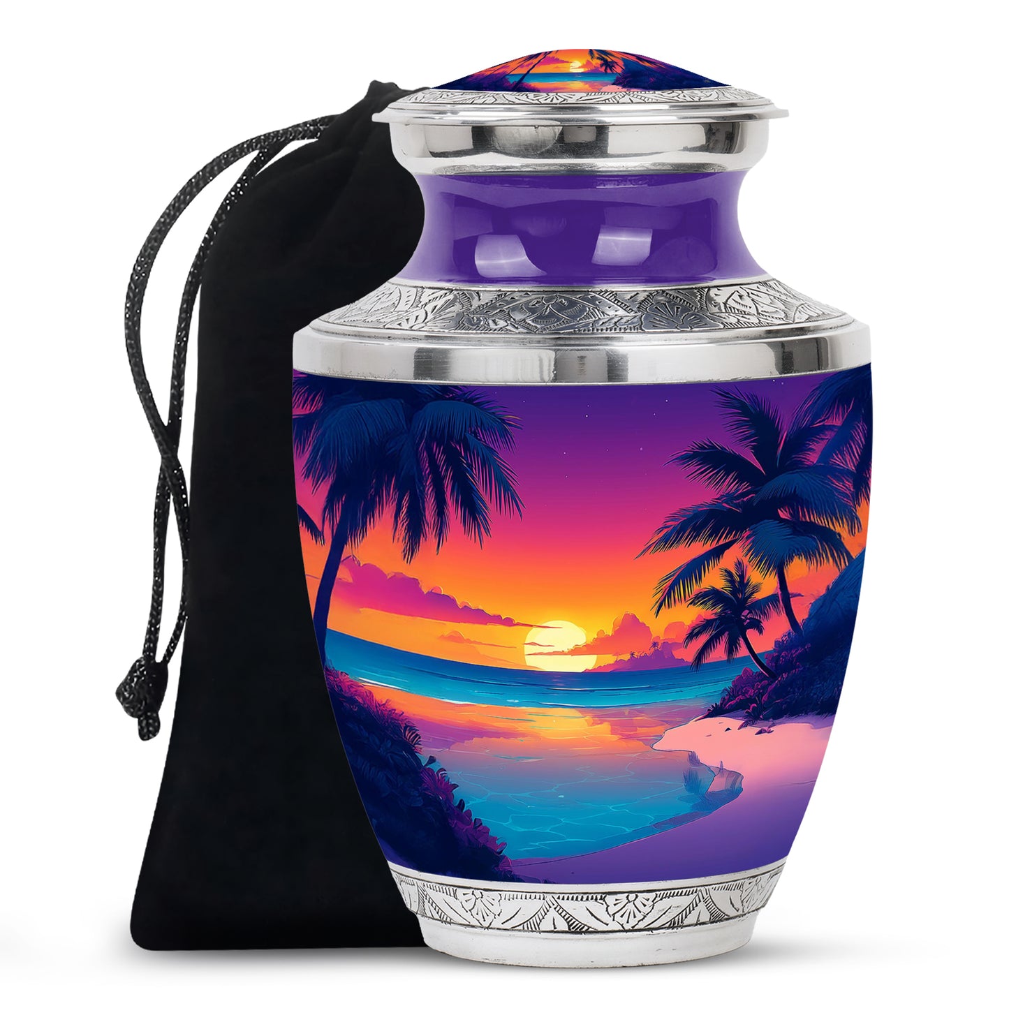 Twilight Purple Beach Cremation Urn side profile showing urn shape - stylized abstract beach pattern with bold lines - full-size 10 inch 200 cubic inch adult cremation urn