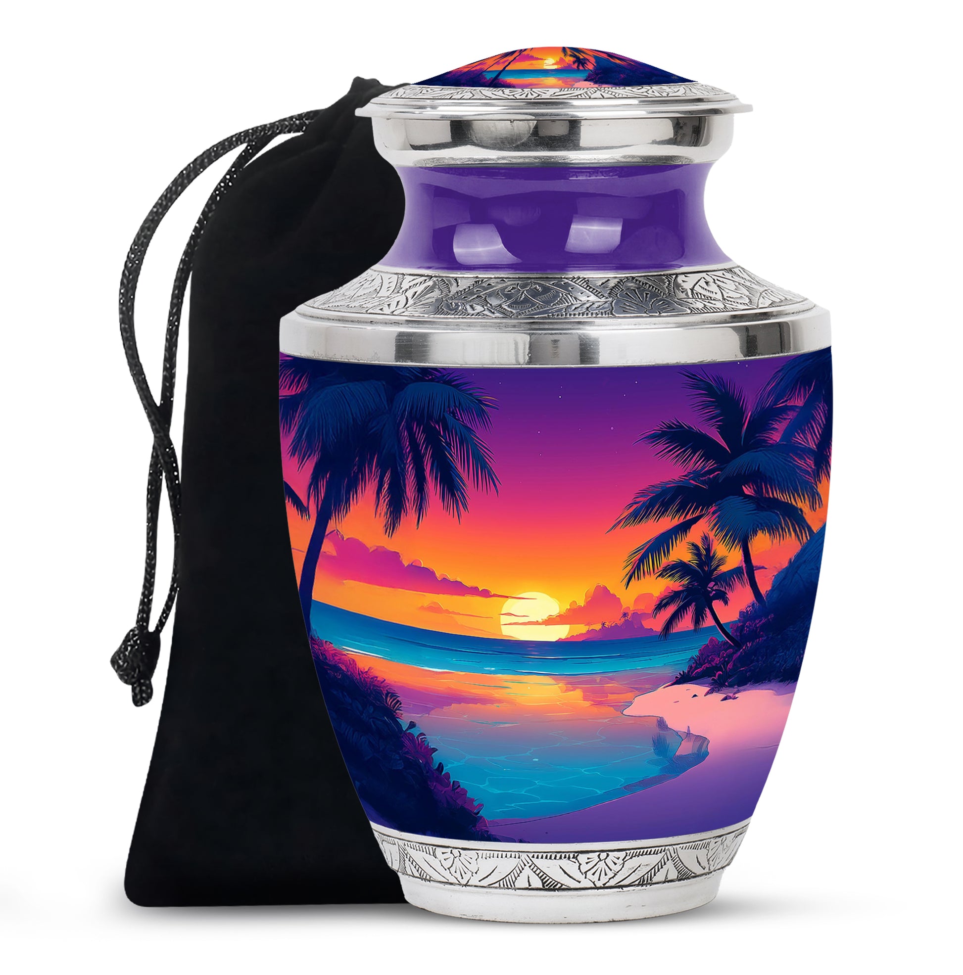 Twilight Purple Beach Cremation Urn side profile showing urn shape - stylized abstract beach pattern with bold lines - full-size 10 inch 200 cubic inch adult cremation urn