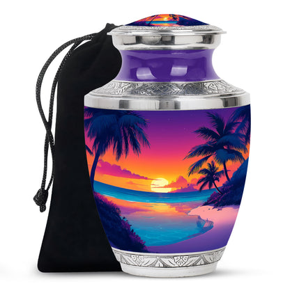 Twilight Purple Beach Cremation Urn side profile showing urn shape - stylized abstract beach pattern with bold lines - full-size 10 inch 200 cubic inch adult cremation urn