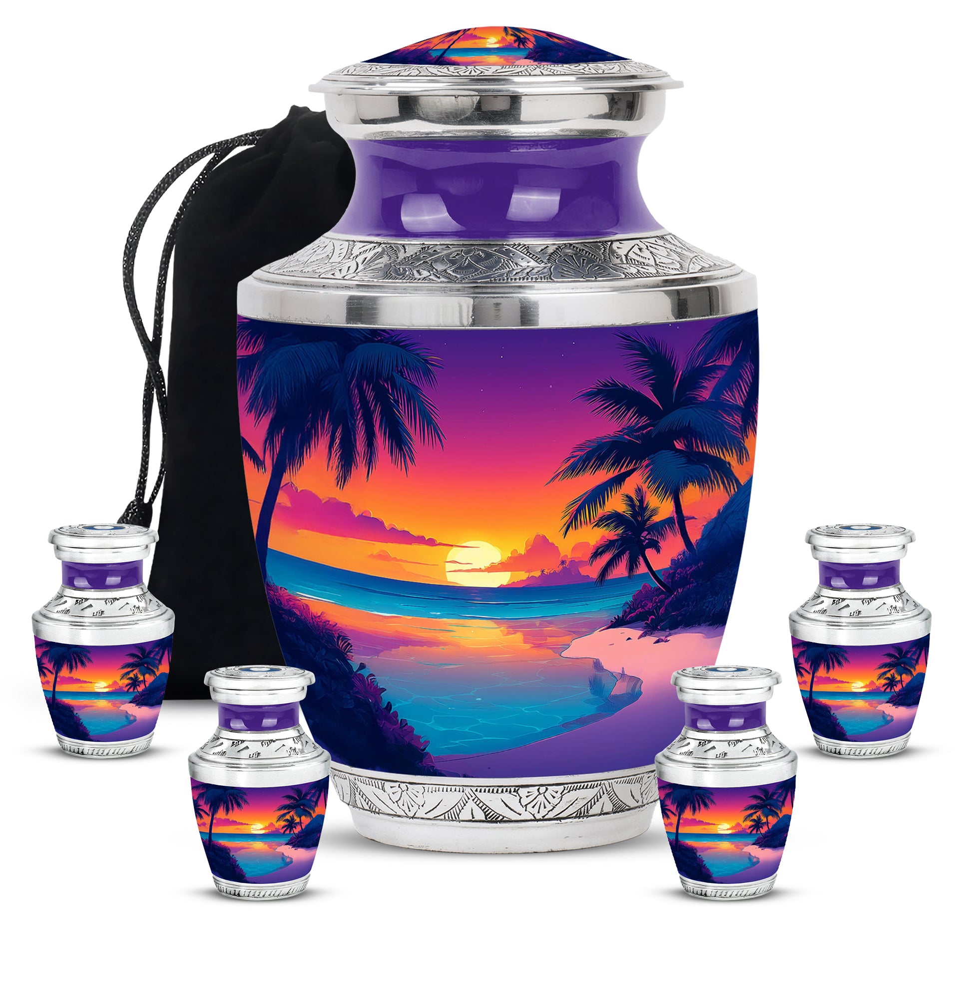 Twilight Purple Beach Cremation Urn lifestyle display on memorial shelf - artistic beach interpretation with creative detail - memorial set with one large and four small urns