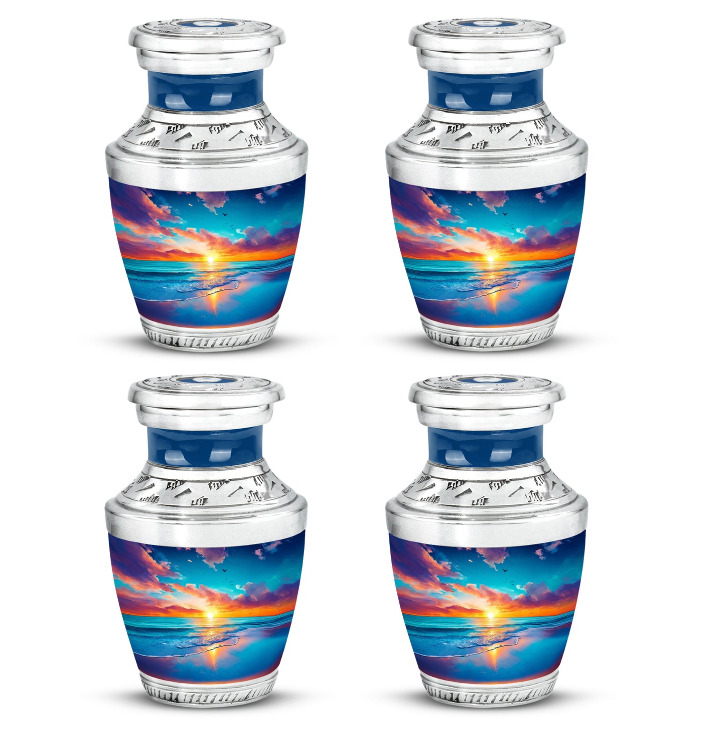 Royal Blue Beach Cremation Urn back view with polished surface - stylized abstract beach pattern with bold lines - 10 inch aluminum urn for cremated remains