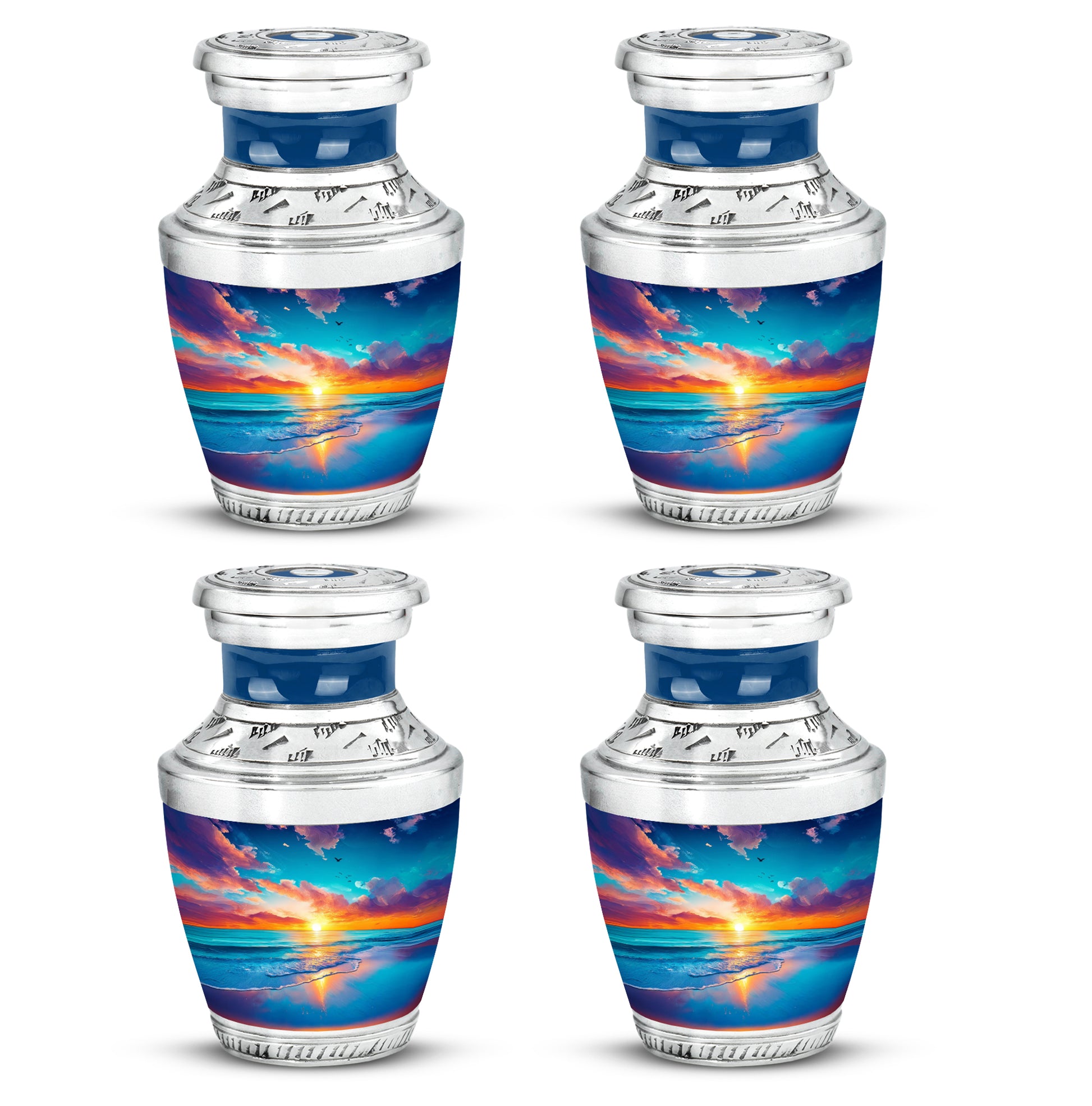 Royal Blue Beach Cremation Urn back view with polished surface - stylized abstract beach pattern with bold lines - 10 inch aluminum urn for cremated remains