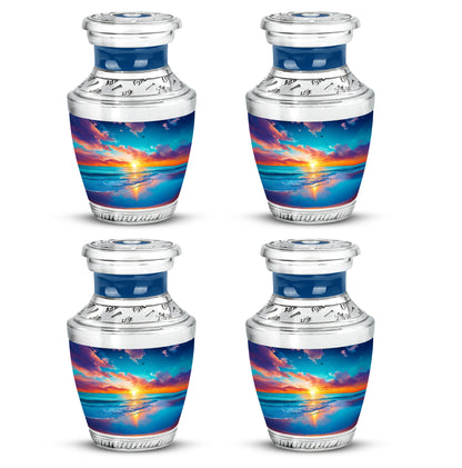 Royal Blue Beach Cremation Urn back view with polished surface - stylized abstract beach pattern with bold lines - 10 inch aluminum urn for cremated remains