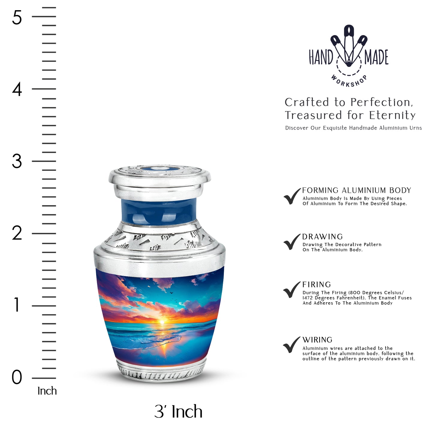 Slate Blue Beach Cremation Urn top-down view of secure threaded lid - contemporary beach design with modern artistic flair - mini keepsake memorial for portion of cremation ashes