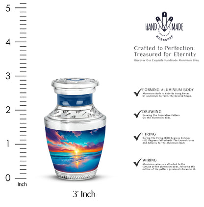 Slate Blue Beach Cremation Urn top-down view of secure threaded lid - contemporary beach design with modern artistic flair - mini keepsake memorial for portion of cremation ashes