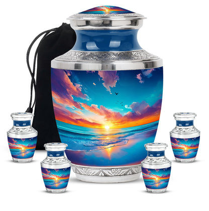 Bright Blue Beach Cremation Urn lifestyle display on memorial shelf - artistic beach interpretation with creative detail - memorial set with one large and four small urns