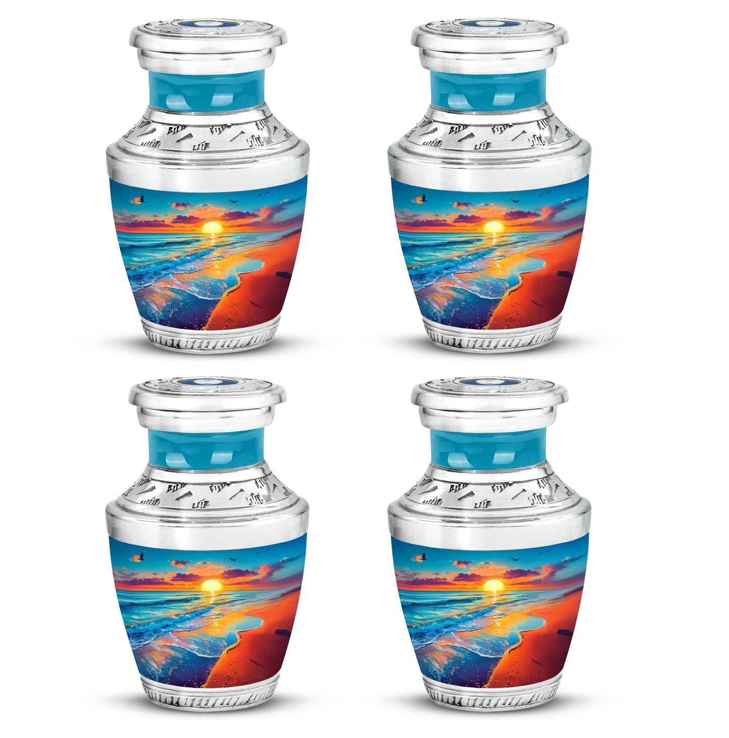 Vivid Teal Beach Cremation Urn back view with polished surface - stylized abstract beach pattern with bold lines - 10 inch aluminum urn for cremated remains
