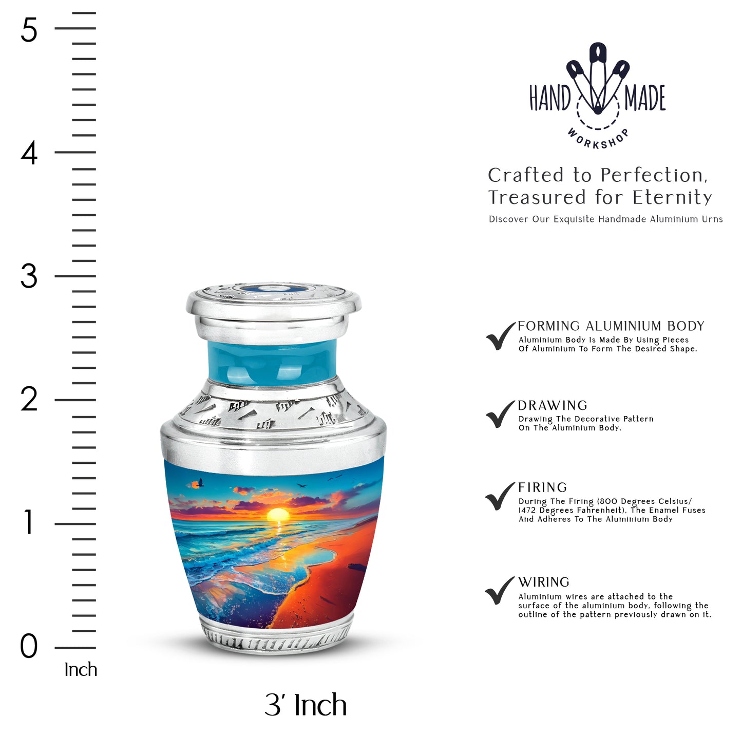 Tropical Teal Beach Cremation Urn top-down view of secure threaded lid - artistic beach interpretation with creative detail - mini keepsake memorial for portion of cremation ashes
