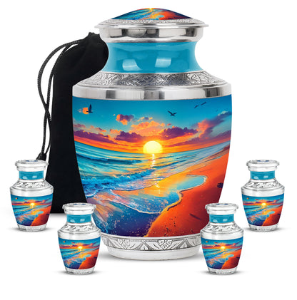 Soft Teal Beach Cremation Urn lifestyle display on memorial shelf - modern art-inspired beach motif on sleek aluminum - memorial set with one large and four small urns