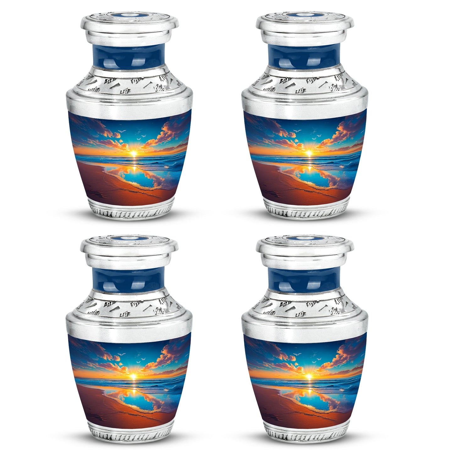 Indigo Beach Cremation Urn back view with polished surface - contemporary beach design with modern artistic flair - 10 inch aluminum urn for cremated remains