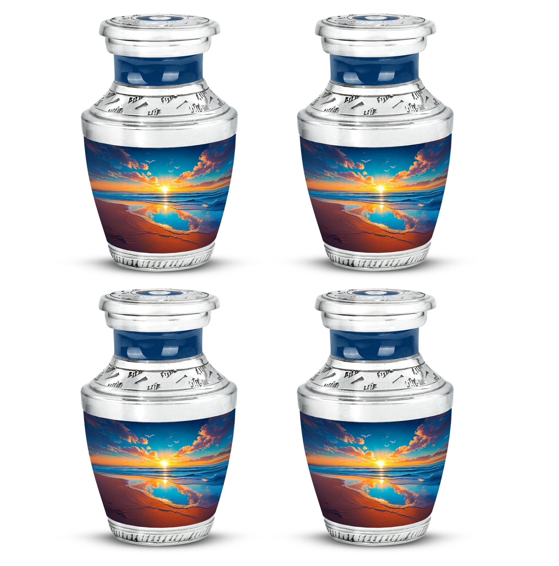 Indigo Beach Cremation Urn back view with polished surface - contemporary beach design with modern artistic flair - 10 inch aluminum urn for cremated remains