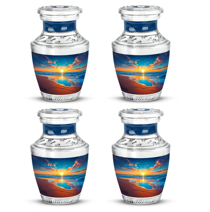 Indigo Beach Cremation Urn back view with polished surface - contemporary beach design with modern artistic flair - 10 inch aluminum urn for cremated remains