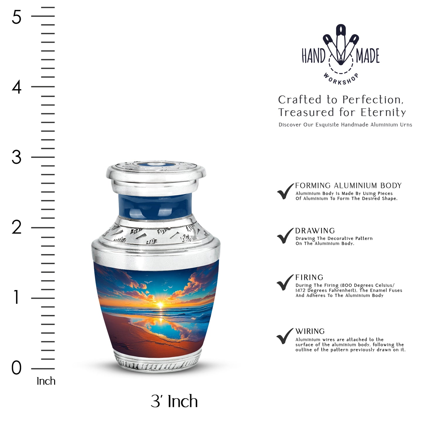 Icy Blue Beach Cremation Urn top-down view of secure threaded lid - modern art-inspired beach motif on sleek aluminum - mini keepsake memorial for portion of cremation ashes