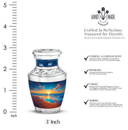 Icy Blue Beach Cremation Urn top-down view of secure threaded lid - modern art-inspired beach motif on sleek aluminum - mini keepsake memorial for portion of cremation ashes