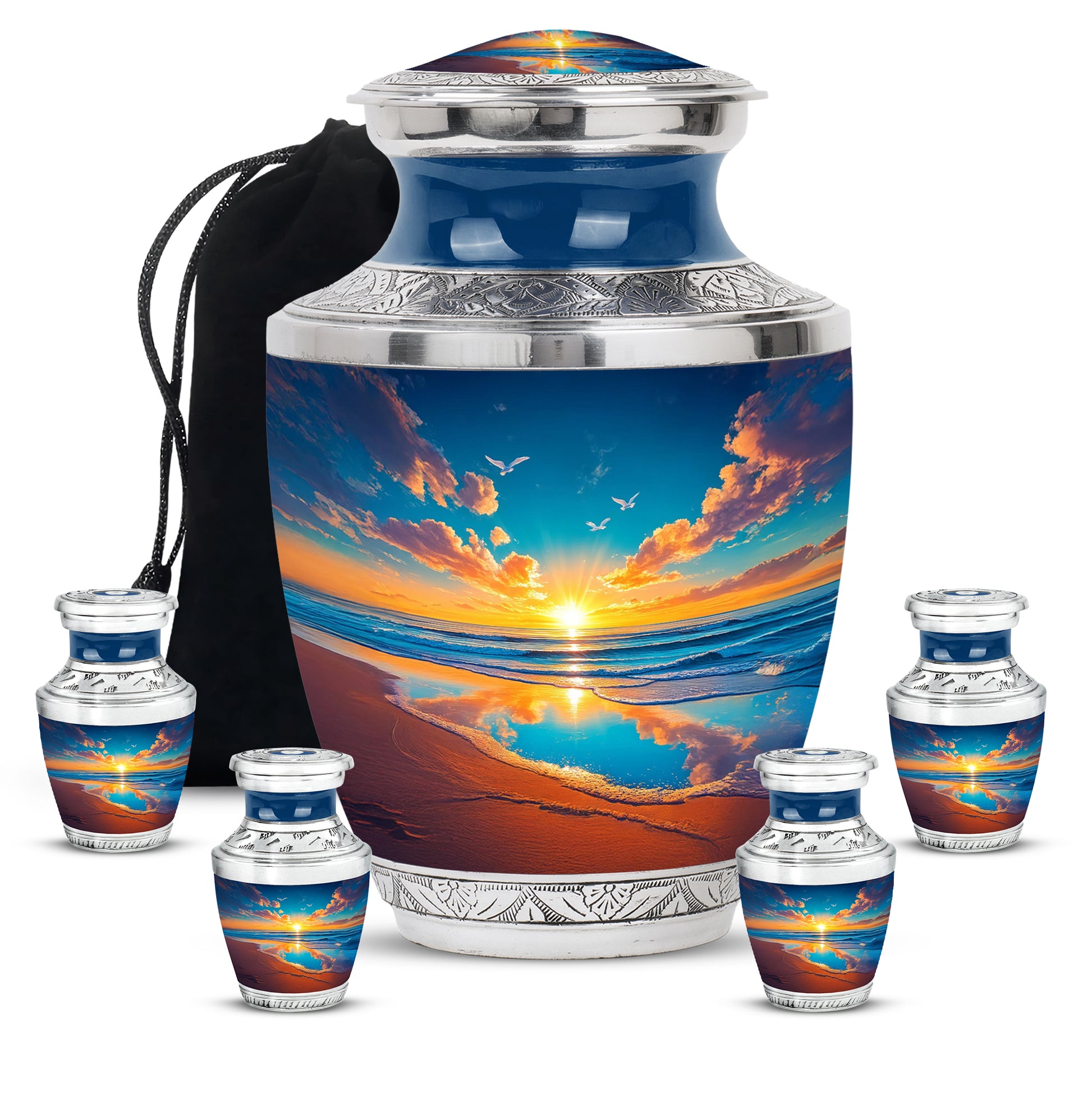 Navy Blue Beach Cremation Urn lifestyle display on memorial shelf - modern art-inspired beach motif on sleek aluminum - memorial set with one large and four small urns