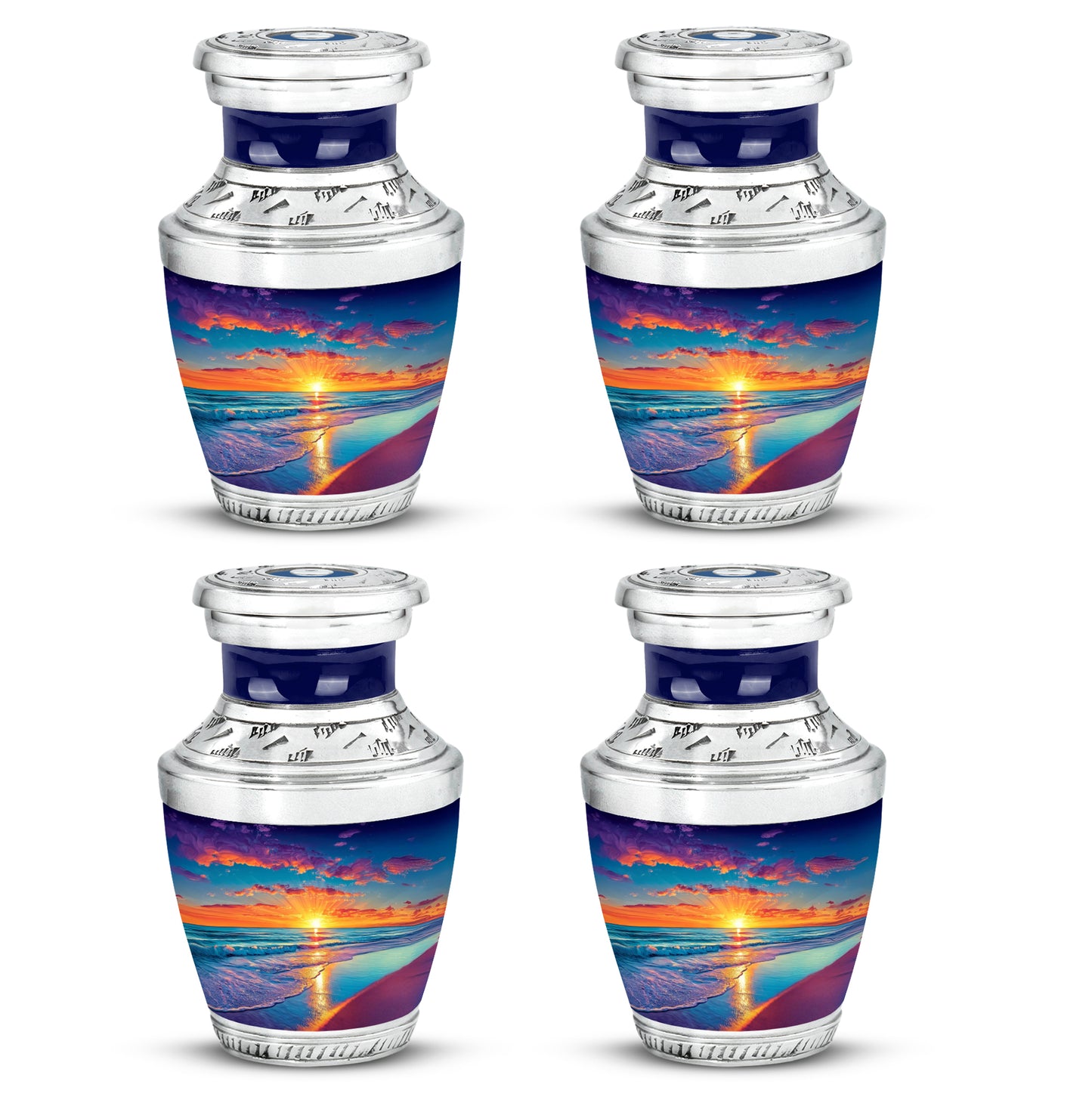 Twilight Blue Beach Cremation Urn back view with polished surface - artistic beach interpretation with creative detail - 10 inch aluminum urn for cremated remains
